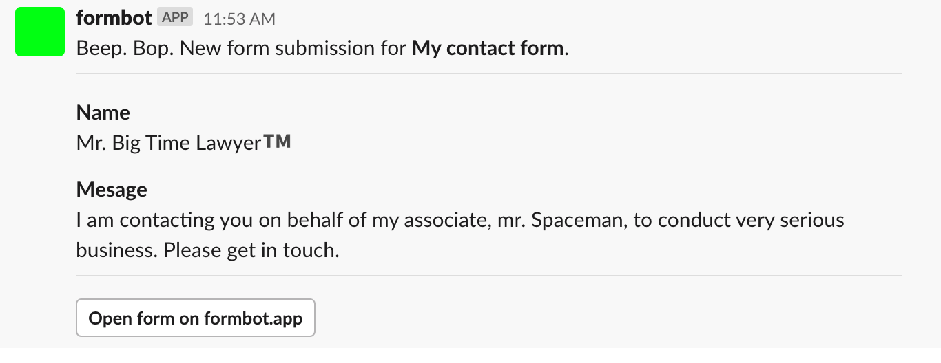 A formbot Slack notification